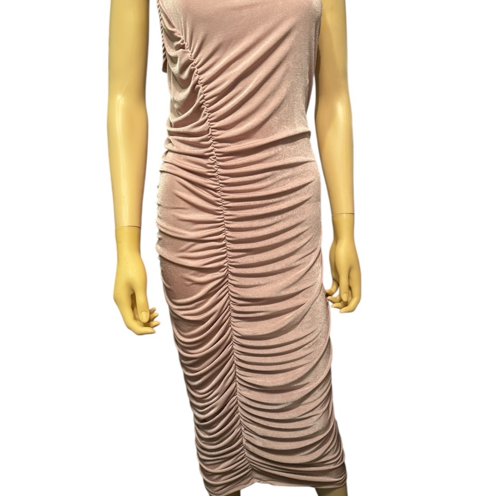 Tan Strapless Ruched Bodycon Midi Dress